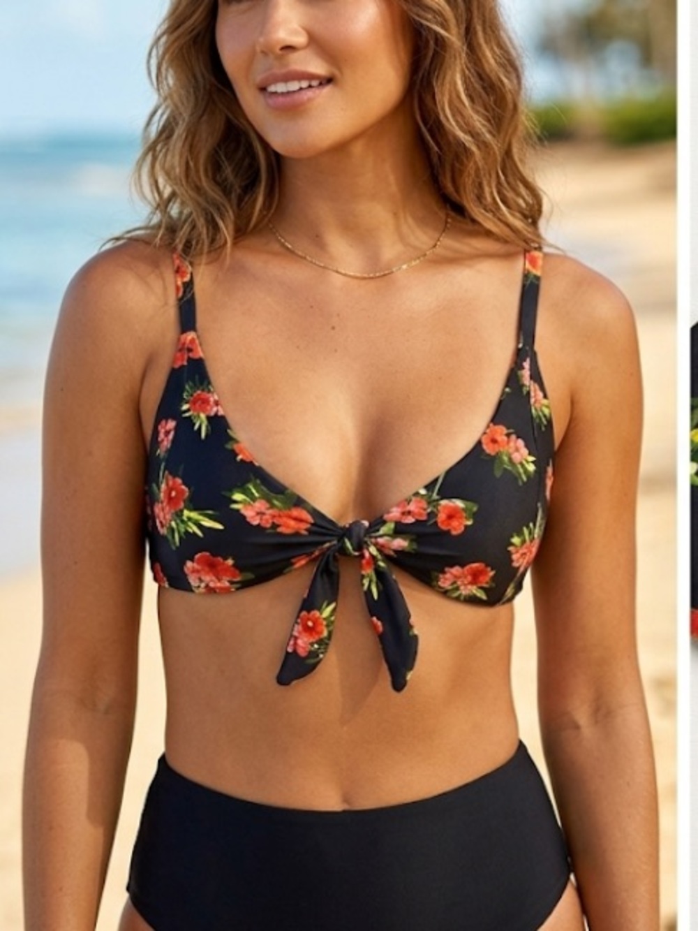 CAMI & JAX Lola Aloha Floral Tie Front Swim Top Size Small Black Red Green